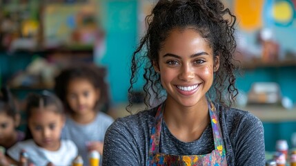 Warm Smile of a Nurturing Childcare Worker Assisting with Craft Project
