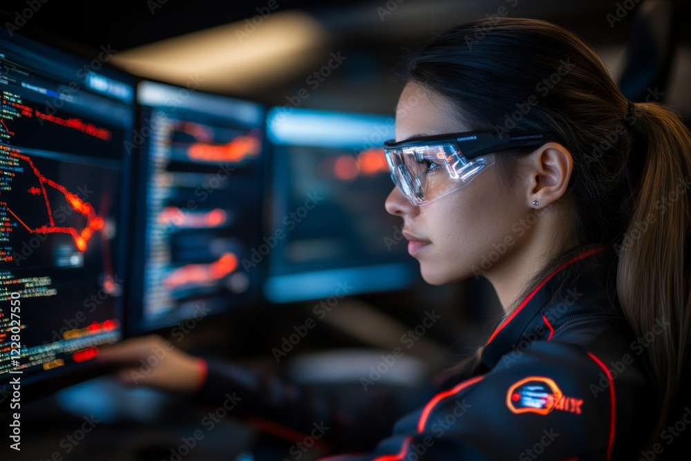 Poster A tech specialist identifying bugs in a program, with lines of code displayed on multiple monitors