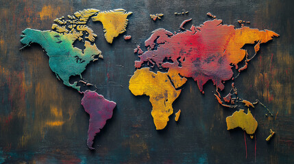 Colorful world map artwork on textured dark background. Ideal for global business and international relations themes.