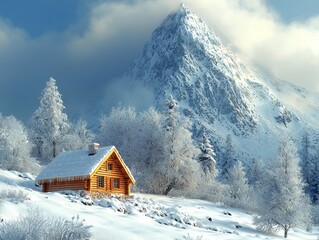Fototapeta premium Cozy Wooden Cabin Nestled in Snowy Mountain Landscape with Bright Sky