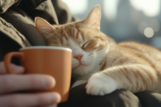 A peaceful scene of a person enjoying a warm cup of coffee while cuddling with their sleeping orange tabby cat. 