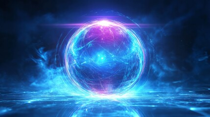 Obraz premium A Vibrant, Glowing Orb Pulses With Energy, Surrounded By Ethereal Blue And Purple Light. It Sits On A Reflective Surface, Creating A Futuristic And Magical Atmosphere.