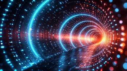 Obraz premium A vibrant, illuminated tunnel with swirling blue and red lights.