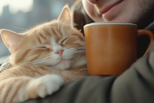 A peaceful scene of a person enjoying a warm cup of coffee while cuddling with their sleeping orange tabby cat.  - Powered by Adobe