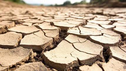 Cracked dry earth texture in shades of beige and brown, symbolizing drought and arid conditions.