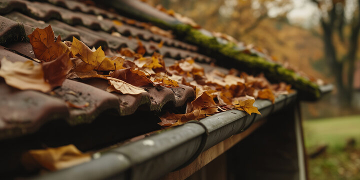 Durch Laub verstopfte Dachrinne am Geb&auml;ude im Herbst