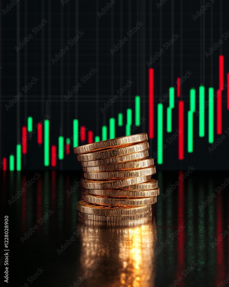 Poster dramatic bitcoin display stacked gold coins on reflective surface with market data - fintech innovat