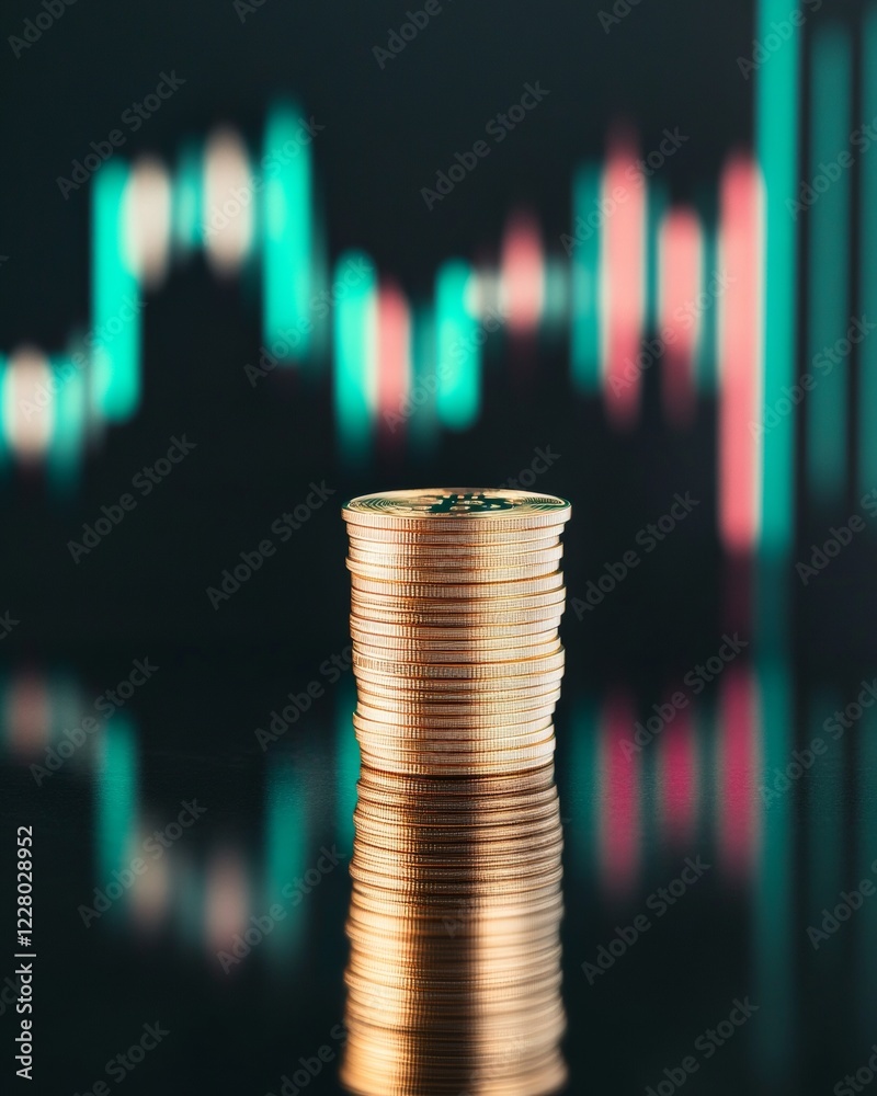 Poster Reflective Bitcoin Display Metallic Coin Stack on Black Surface with Financial Screen Fintech and Cybersecurity Insights for Modern Blockchain Market