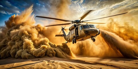 Military Helicopter Landing Desert Dust Cloud - Action Stock Photo