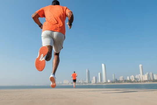 Vibrant Urban Joggers Morning Run Along Indian Riverside Promenade with Skyline - Fitness Motivation Content and Active Lifestyle Promotion