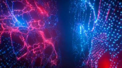 Futuristic neon dots and lines forming glowing network on dark background. Vibrant blue and red hues pulsate with dynamic energy. Scene immersive motion and mesmerizing neon. AI-generated. - Powered by Adobe
