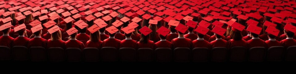 Fototapeta premium Vibrant Graduation Ceremony Red Robes and Caps in Unified Harmony - Cultural Milestone Imagery for Educational Brand Storytelling and Event Planning