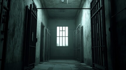 Obraz premium Dark, grunge prison corridor with barred cells and a single window.