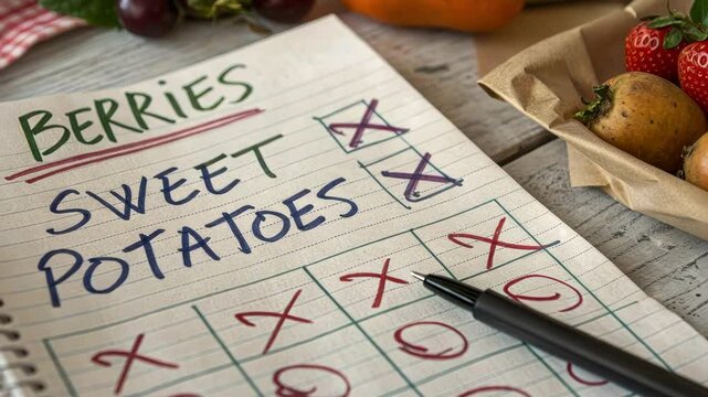 A closeup of a cled grocery list with items like berries and sweet potatoes featuring smudged ink and crossedout options conveying a sense of planning and prioritization.