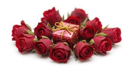 Obraz premium Red Roses with Gift Box on White Background