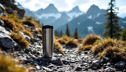 Obraz premium Stainless Steel Travel Mug on Mountain Trail