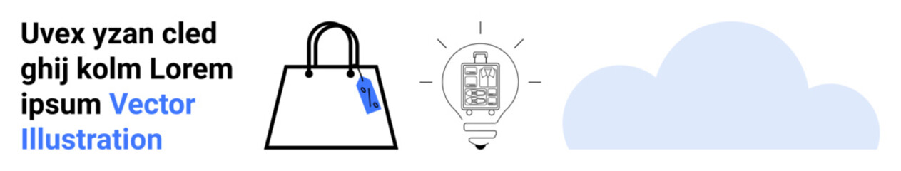 Shopping bag with attached tag, glowing lightbulb symbolizing ideas, and a minimalistic blue cloud. Ideal for e-commerce, innovation, technology, cloud computing, creativity, retail and marketing