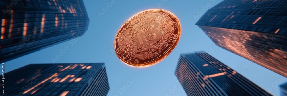 Poster Neon-Futuristic Finance Digital Coin Amidst Wireframe Skyscrapers - Conceptual Imagery for Tech-Driven Urban Development and Blockchain Innovation