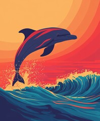 Vibrant dolphin leaping over colorful ocean waves