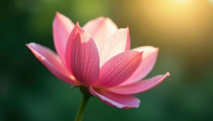 Fototapeta premium Soft pink petals unfolding from a slender stem under gentle light, petal, greenery, delicate