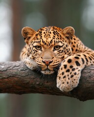 Obraz premium Wildlife Portrait Amur Leopard on Textured Tree - Eco-Sensory Visual Content for Conservation Awareness and Luxury Branding in Eco-Tourism