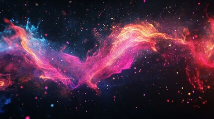 Naklejka premium A Vibrant Cosmic Swirl Of Pink, Orange, And Blue Hues, Speckled With Glittering Particles, Evokes A Dreamy, Ethereal Atmosphere.