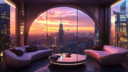 Fototapeta premium Luxury Penthouse Apartment With Stunning Sunset Views Over The New York City Skyline, Featuring Curved Sofas And A Modern Coffee Table.