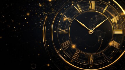 Elegant golden clock displaying time with shimmering particles against a dark background. Generative AI