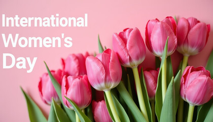 Obraz premium Stylish banner celebrating International Women's Day, featuring soft pink tulips and a warm message, designed to honor and appreciate women everywhere with a beautiful aesthetic.