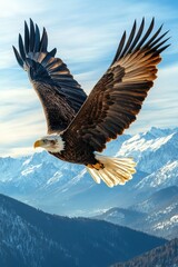 Majestic eagle soaring over snowy mountain peaks in daylight