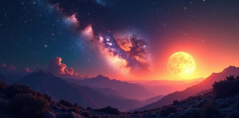 Fototapeta premium Panoramic view of Milky Way with sun & planets, cosmic dust , wonder, cosmos