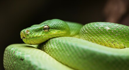 Fototapeta premium Close-up of a vibrant green snake resting on a branch