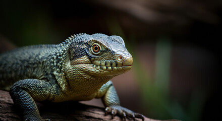 Obraz premium Close-up of a green lizard resting on a branch in its natural habitat