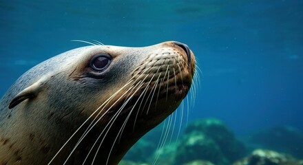 Close-up of a seal swimming gracefully underwater, showcasing its features