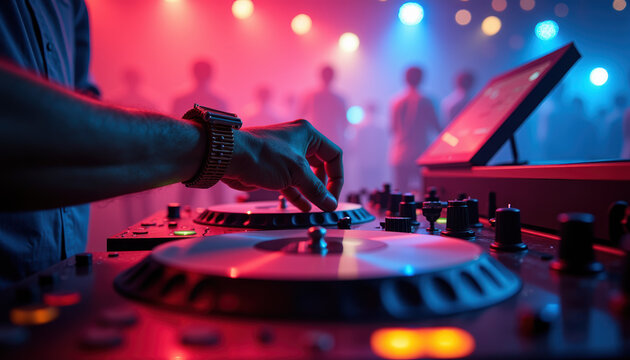 Close-up of a DJ's hand on a turntable, blending music and energy to create a captivating atmosphere on World DJ Day.