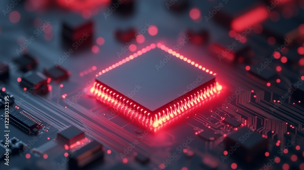 Leinwandbilder Sleek Quantum Computing Circuit Futuristic Red-Glowing Chip on Board - High-Tech Hardware Imagery for Cutting-Edge Computational Power and Digital Innovation Marketing