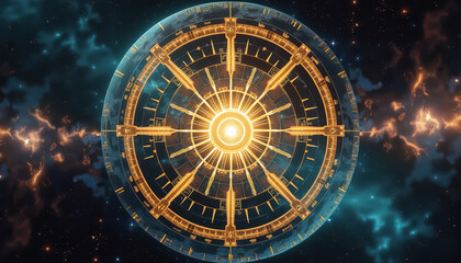 Fototapeta premium Cosmic representation of a grid with golden spheres and magical energy, symbolizing esoteric connections and mystical dimensions.