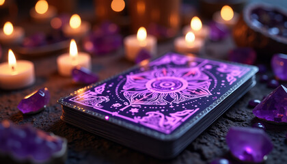 Close-up of an esoteric tarot card adorned with purple designs, surrounded by candles and crystals, creating a mystical atmosphere for a tarot reading.