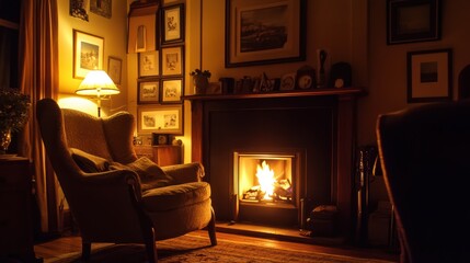 A cozy living room with a warm fireplace, wooden furniture, and framed pictures.