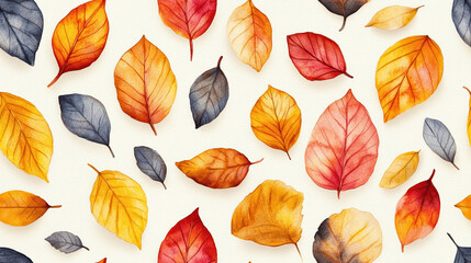 Obraz premium Autumn-themed seamless pattern showcasing leaves in various vibrant colors on a soft background, ideal for textiles and artistic applications.