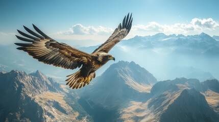Obraz premium Majestic eagle flying over mountain landscape at sunrise