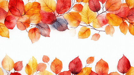 Seamless pattern featuring a charming border of autumn leaves in vibrant shades of red, orange, and yellow, perfect for adding beauty and cheer to textiles and décor.