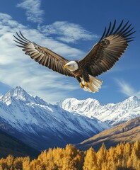 Majestic eagle soaring over snow-capped mountains