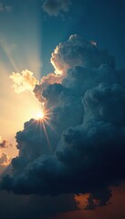 The sun's rays cast an ethereal glow on a dark and foreboding storm cloud formation, sunlight, weather