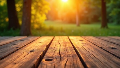 Fototapeta premium Warm golden light falls on weathered mango wood planks, natural light, wooden plank