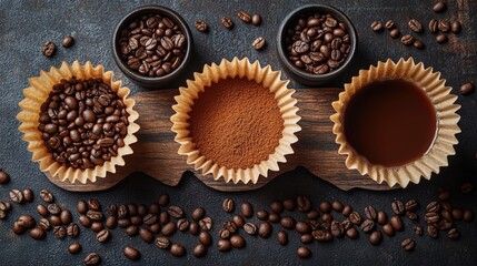 Exploring coffee varieties and preparations kitchen food photography rustic bird's eye view