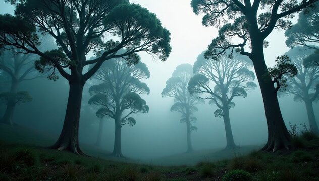 Towering eucalyptus trees rise above misty forest canopy, landscape, nature, serene - Powered by Adobe