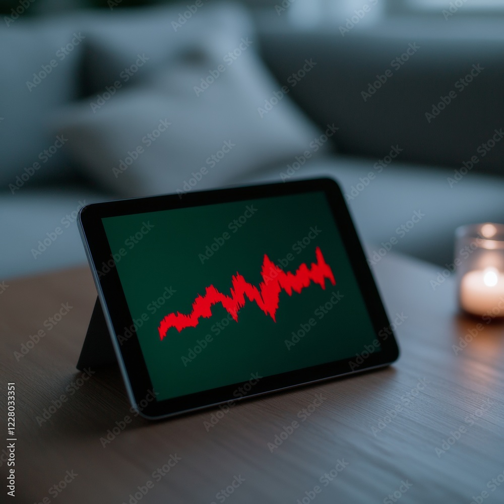 Leinwandbilder Modern Crypto Workspace Sleek Tablet on Wooden Surface with Dynamic Charts and Soft Lighting - Digital Finance and Tech-Driven Portfolio Management