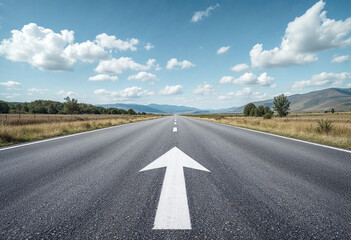 low angle of the white arrow on sphalt road showing goal
