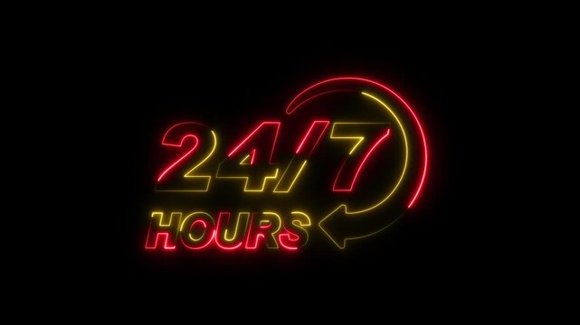 Animated Neon 24/7 hours icon on black background. Glowing Line Icon motion graphics. 4k video footage.